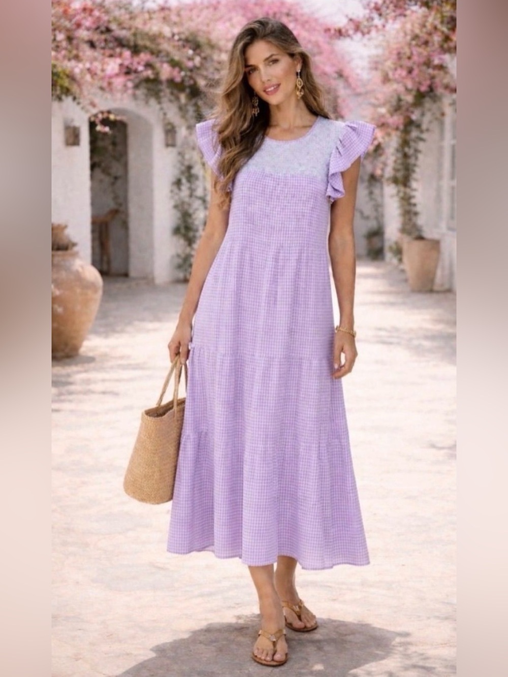J. Marie Kayla Gingham Tiered Midi Dress